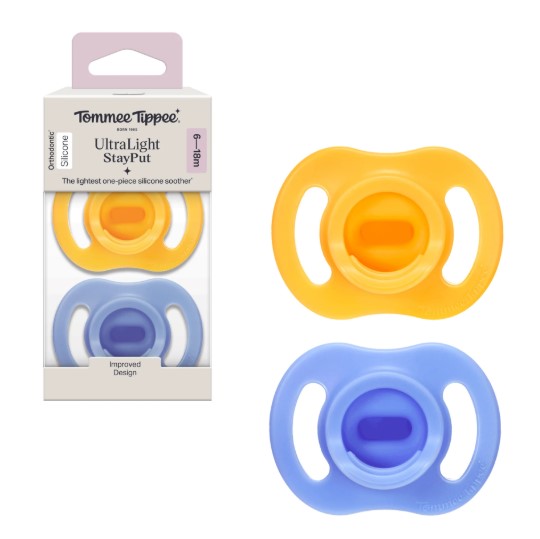 英國 Tommee Tippee 6-18個月 Ultra Light 超輕矽膠安撫奶嘴 (新裝兩個裝連消毒盒) 黃 藍