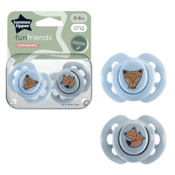 Tommee Tippee 0-6個月 AIR安撫奶嘴 (2個裝)(連消毒盒; 不包括奶嘴蓋)-小狐藍色