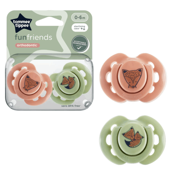 Tommee Tippee 0-6個月 AIR安撫奶嘴 (2個裝)(連消毒盒; 不包括奶嘴蓋)-小狐綠色