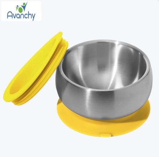 Avanchy 不銹鋼嬰兒吸盤碗連蓋-黃色