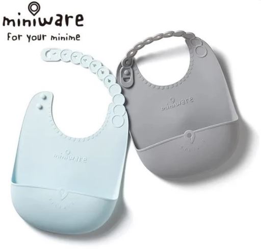 美國Miniware Just roll 袋著走！矽膠寬口袋圍兜(2條裝)-藍+灰色