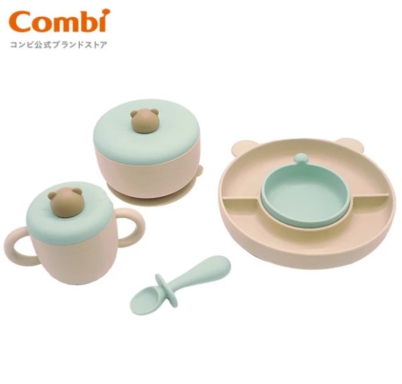 日本Combi Combi 鉑金矽膠餐具禮盒套裝/ 小熊