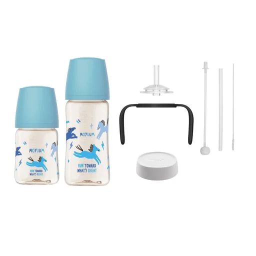 Moyuum - PPSU 寬口防漲氣奶瓶170+270ml(快樂小馬-藍色)+寬口奶瓶防漏學習吸管套裝(黑色)+奶瓶蓋配件(白色)