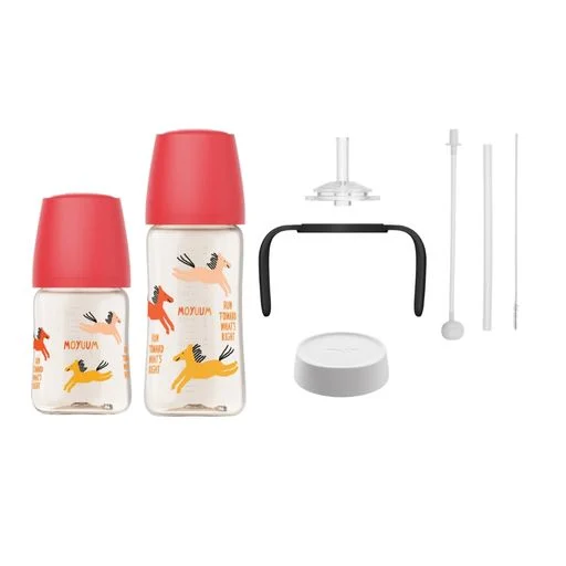 Moyuum - PPSU 寬口防漲氣奶瓶170+270ml(快樂小馬-紅色)+寬口奶瓶防漏學習吸管套裝(黑色)送奶瓶蓋配件(白色)
